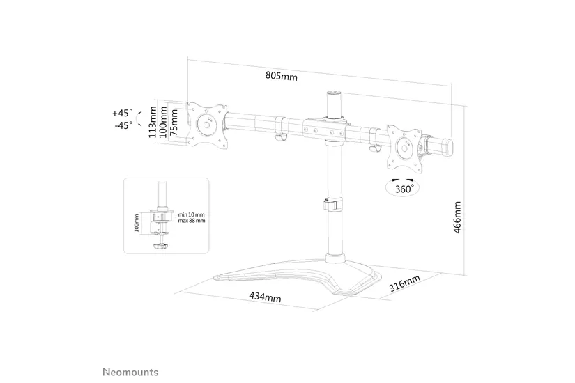 Neomounts NM-D335D ställ - fullständig rörelse - för 2 LCD-bildskärmar - svart