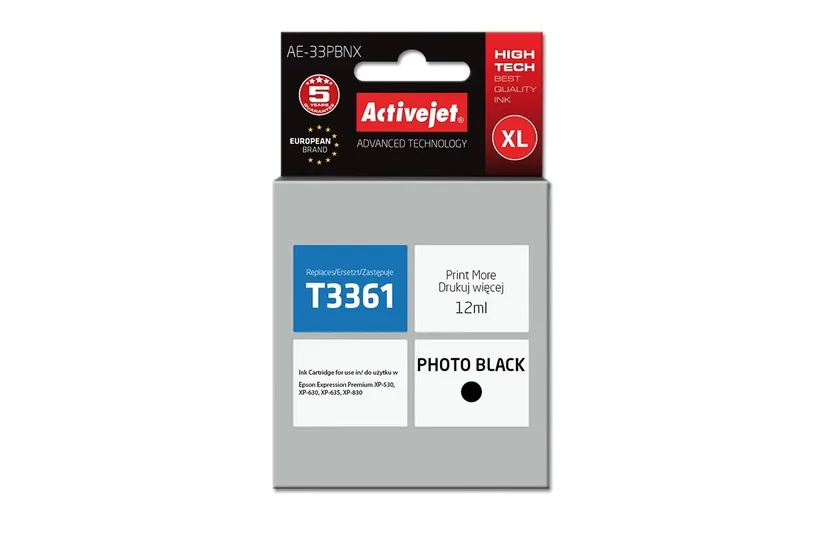 Activejet AE-33PBNX Ink (erstatning Epson 33XL T3361; Supreme; 12 ml; sort)