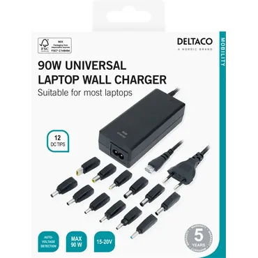 DELTACO Universal Oplader, 90W, 6A, 12 tips